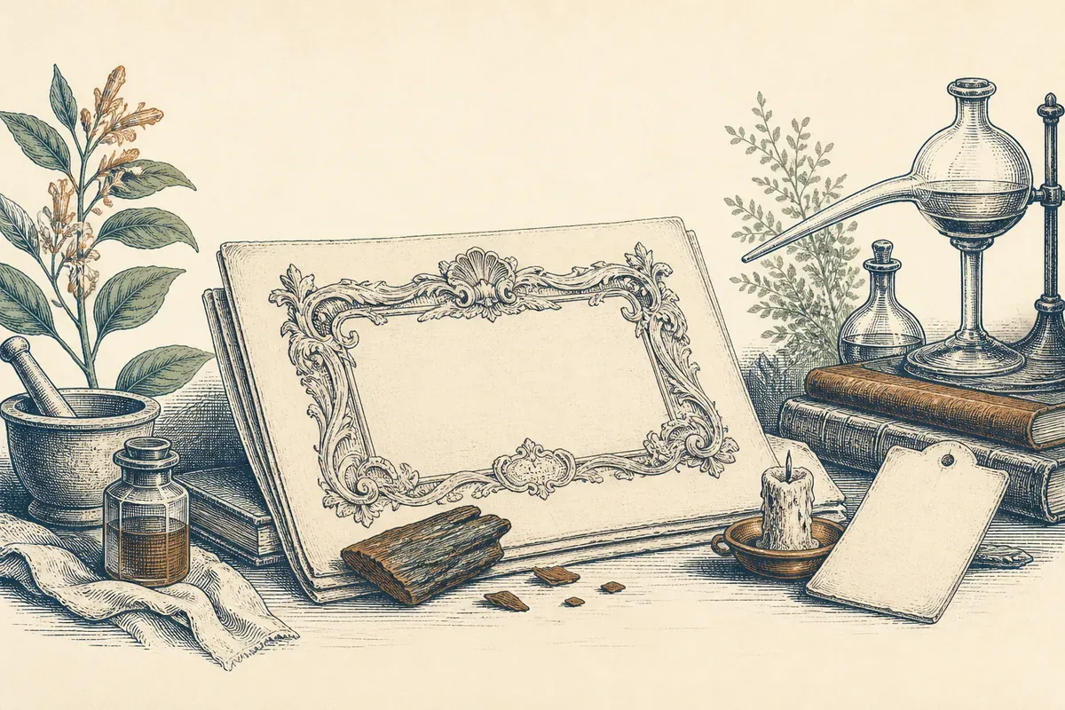 Feuille de périodique du XVIIIe siècle avec un long titre gravé, un fragment d'écorce de quinquina posé dessus.