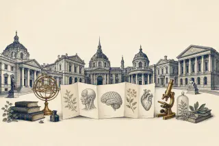 Façades néoclassiques d'académies gravées en ligne, reliées par un trait d'encre, feuillet plié au centre.