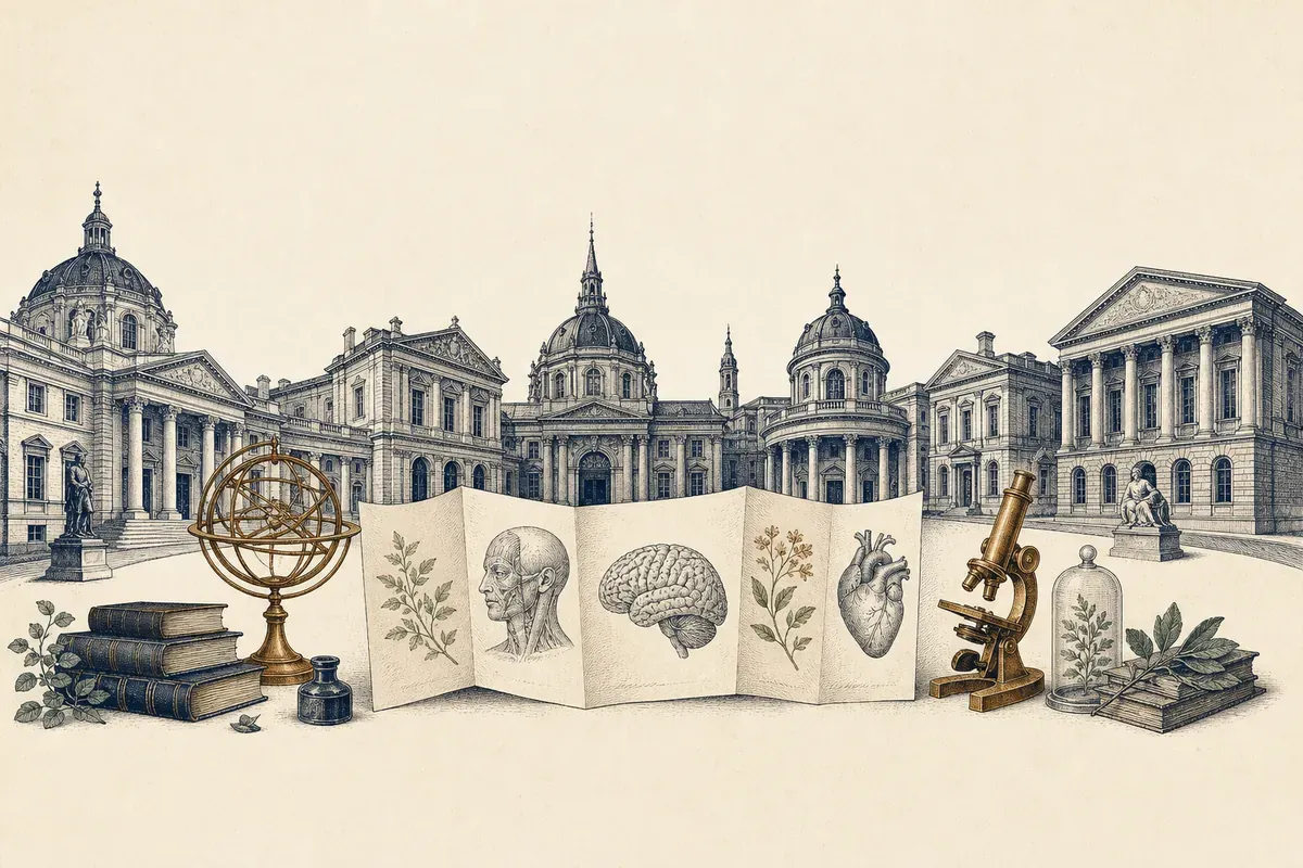 Façades néoclassiques d'académies gravées en ligne, reliées par un trait d'encre, feuillet plié au centre.