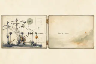 Deux planches gravées articulées en diptyque : à gauche des leviers mécaniques, à droite un espace vide lumineux.