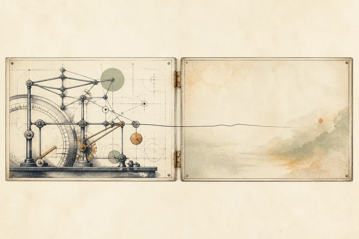 Deux planches gravées articulées en diptyque : à gauche des leviers mécaniques, à droite un espace vide lumineux.