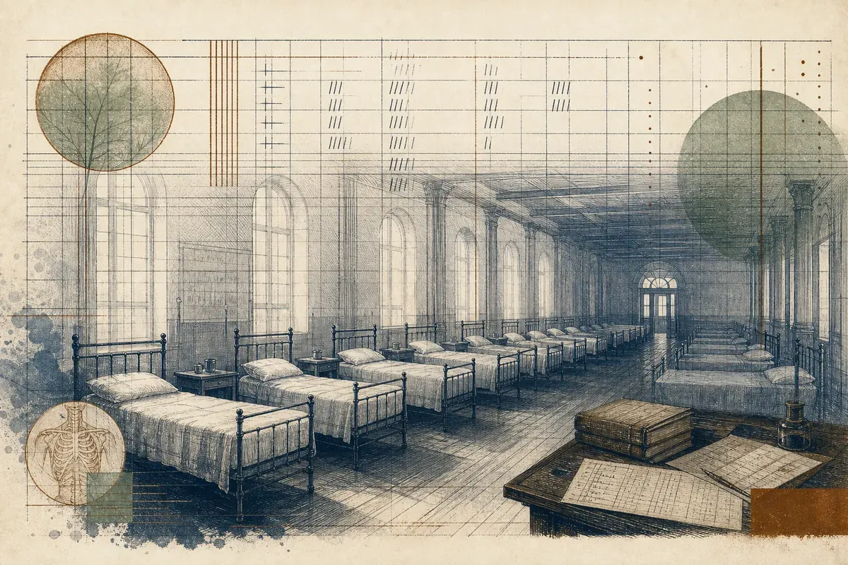 Rangées de lits d'hôpital vides dans une salle gravée ancienne, avec un tableau de mortalité tracé à la règle.