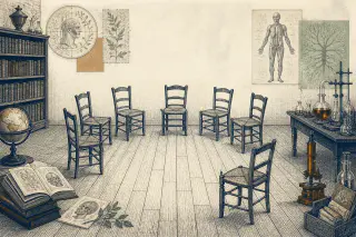 Cercle de chaises en bois vides vu en légère plongée dans une salle de réunion simple.