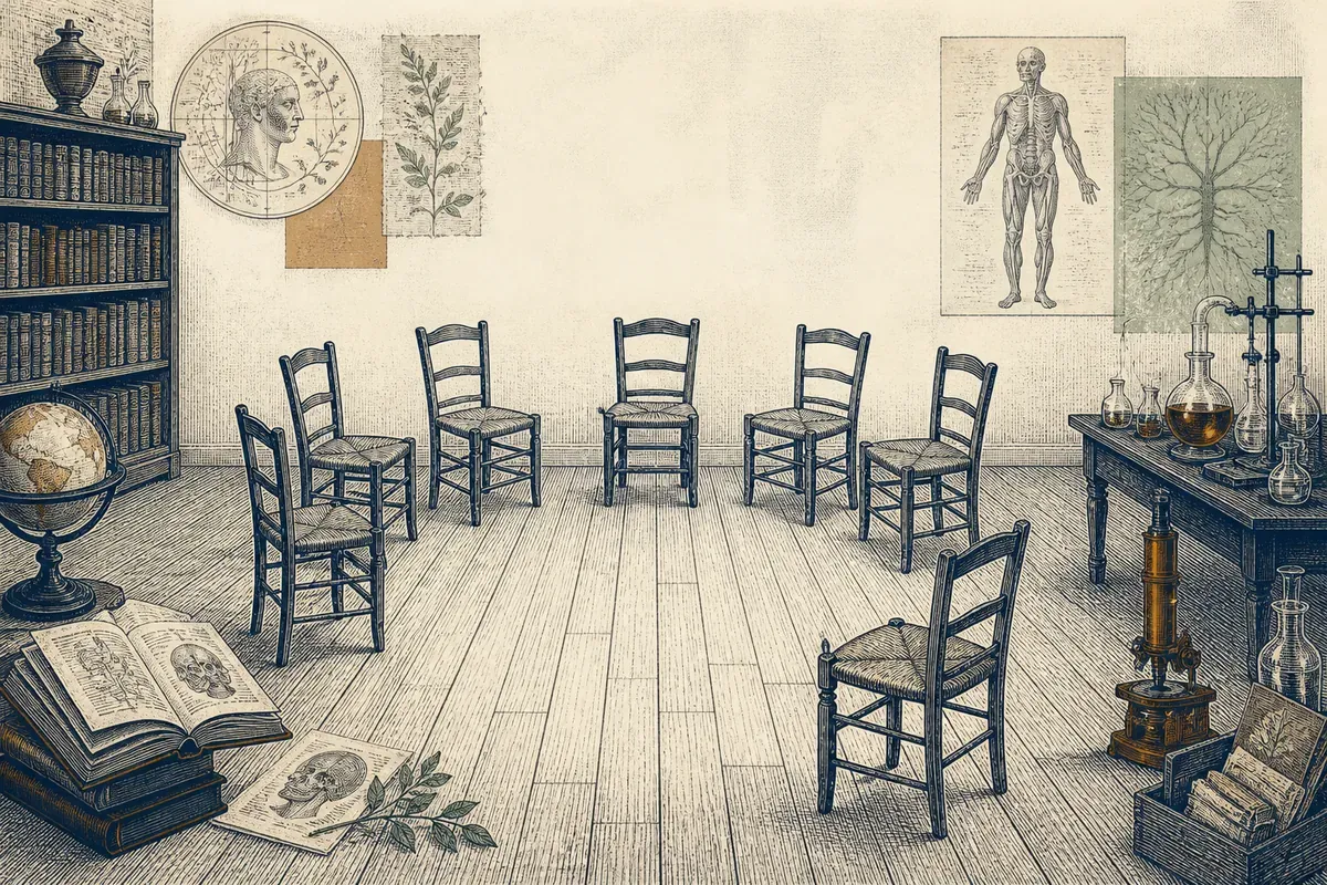 Cercle de chaises en bois vides vu en légère plongée dans une salle de réunion simple.