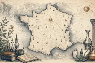 Carte gravée de la France où de petits flacons d'apothicaire marquent les villes, reliés par des lignes d'encre.