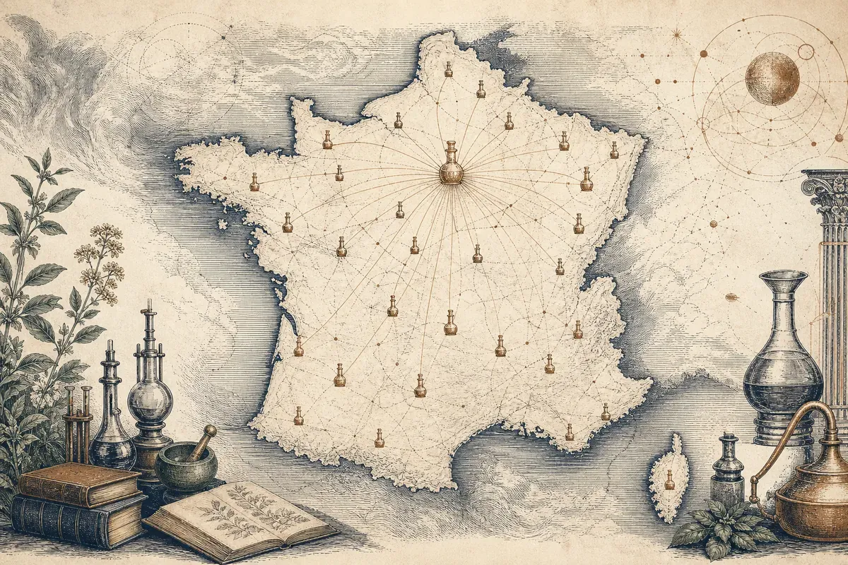 Carte gravée de la France où de petits flacons d'apothicaire marquent les villes, reliés par des lignes d'encre.