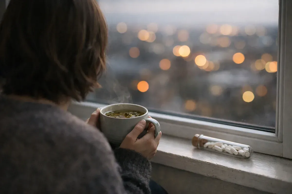 Personne de dos en pull gris tenant une tasse fumante devant une fenêtre, un tube de granules blancs sur le rebord, lumières de ville floues