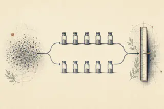 Diagramme gravé : une population se divisant en deux bras parallèles convergeant vers une règle de mesure.