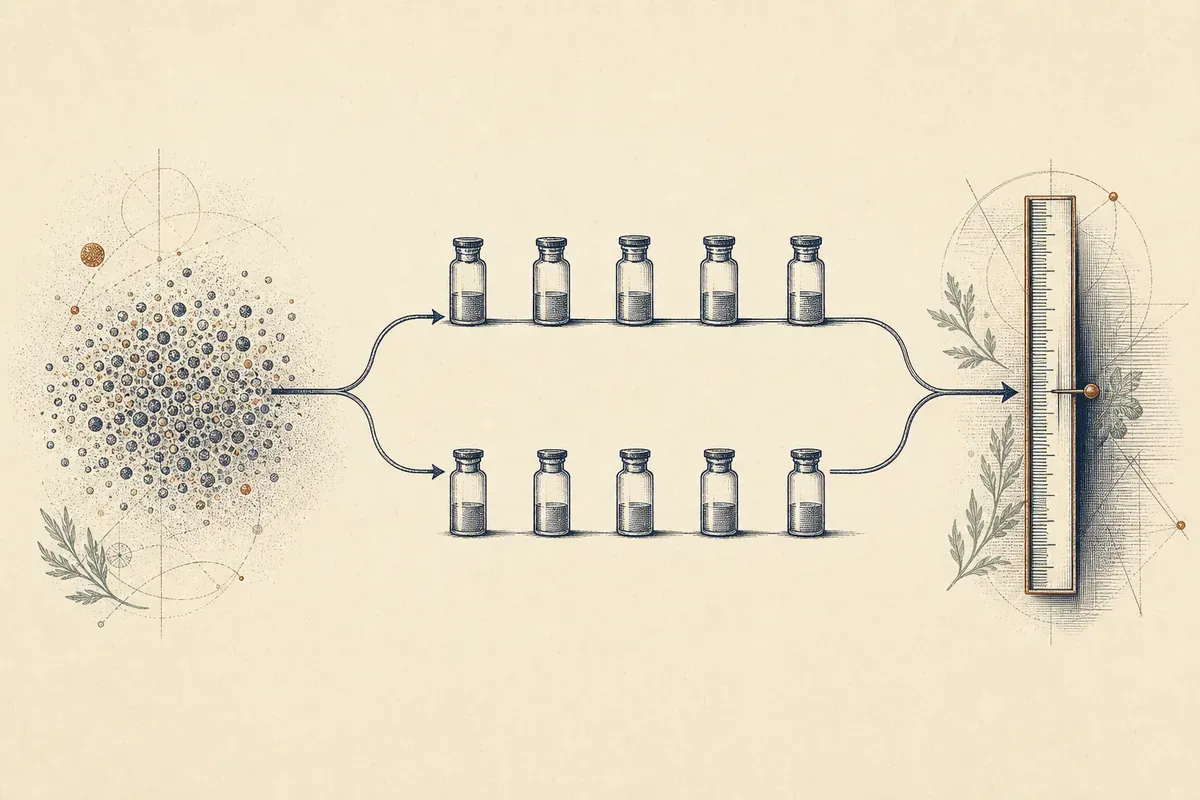 Diagramme gravé : une population se divisant en deux bras parallèles convergeant vers une règle de mesure.