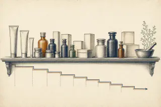 Rayon de pharmacie gravé de face, boîtes et tubes sans étiquette, règle en escalier descendant en dessous.