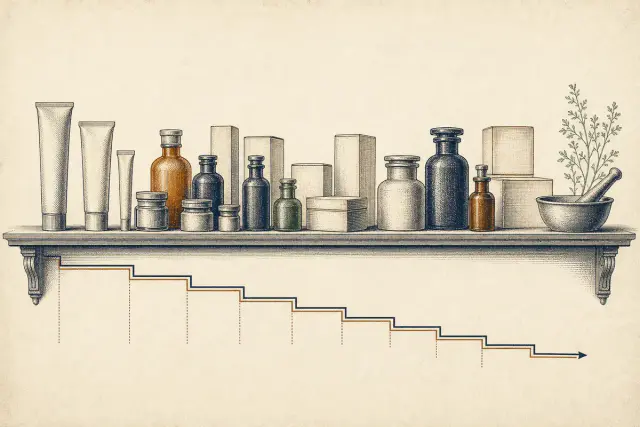 Rayon de pharmacie gravé de face, boîtes et tubes sans étiquette, règle en escalier descendant en dessous.