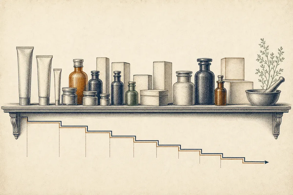 Rayon de pharmacie gravé de face, boîtes et tubes sans étiquette, règle en escalier descendant en dessous.
