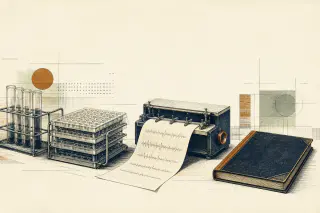 Paillasse de laboratoire gravée : portoir de microplaques, tracé d'enregistreur, revue scientifique refermée.