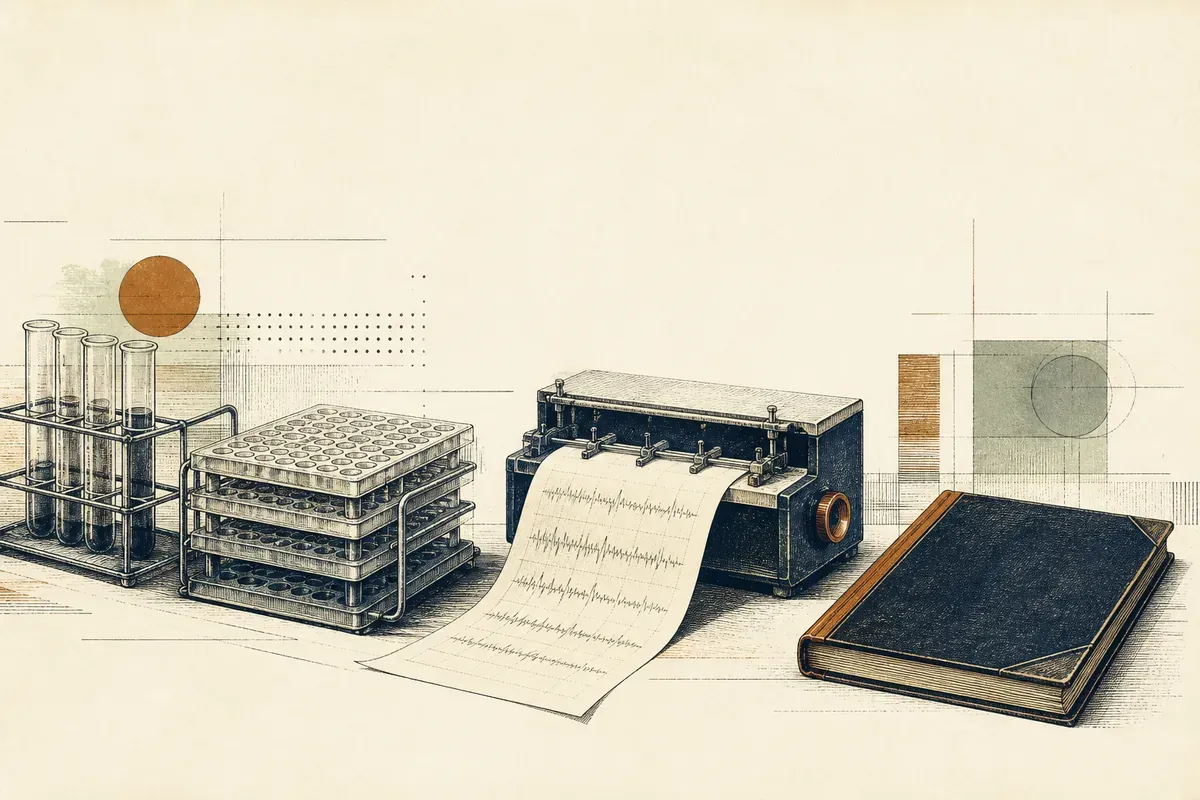 Paillasse de laboratoire gravée : portoir de microplaques, tracé d'enregistreur, revue scientifique refermée.