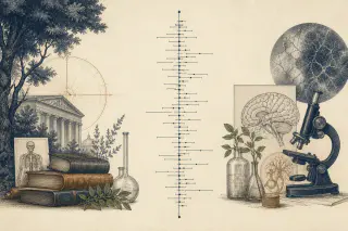 Forest plot gravé sur papier crème : une ligne verticale traversée par des dizaines de barres horizontales.