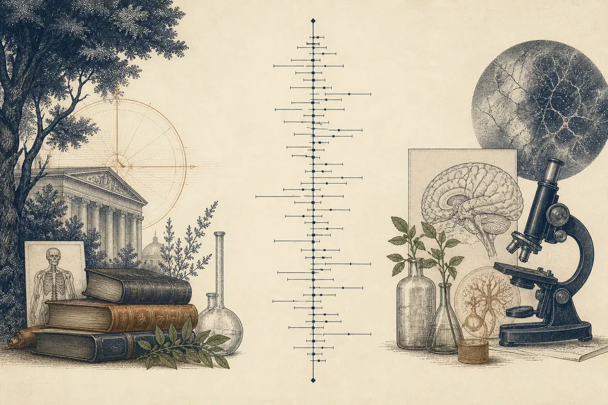 Forest plot gravé sur papier crème : une ligne verticale traversée par des dizaines de barres horizontales.