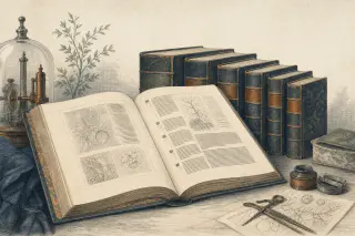 Traité relié du début du XIXe siècle ouvert à sa page de titre, cinq éditions empilées derrière lui.