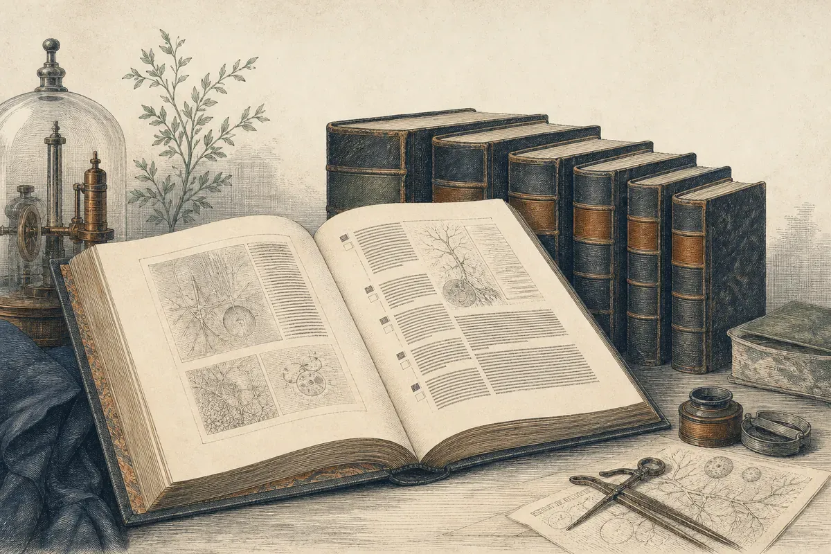 Traité relié du début du XIXe siècle ouvert à sa page de titre, cinq éditions empilées derrière lui.