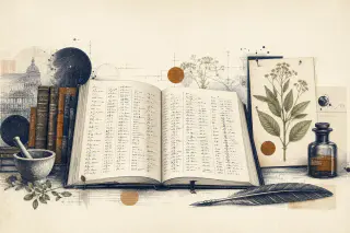 Cahier ouvert couvert de colonnes manuscrites de symptômes, avec un spécimen végétal séché épinglé à côté.