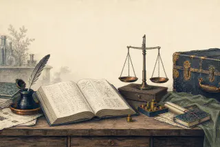 Bureau d'étude allemand vers 1800 : encrier, dictionnaire ouvert, balance d'apothicaire et malle de voyage.