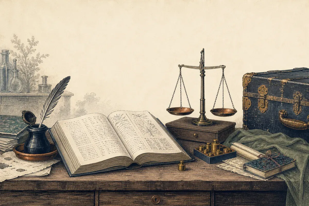 Bureau d'étude allemand vers 1800 : encrier, dictionnaire ouvert, balance d'apothicaire et malle de voyage.