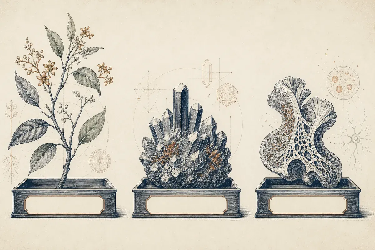 Trois études de spécimens gravées alignées : rameau botanique, amas cristallin, forme organique abstraite.