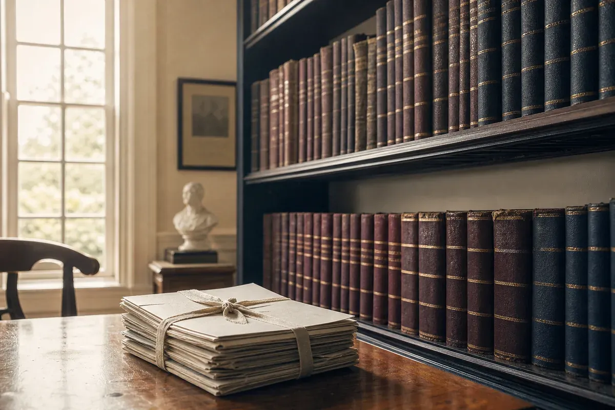Liasse de feuillets nouée d'un ruban posée sur une table d'acajou, devant une bibliothèque de volumes reliés et une fenêtre à petits carreaux