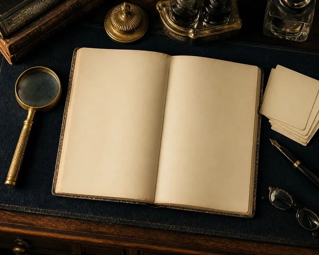 Registre ancien ouvert sur des pages vierges, entouré d'une loupe à manche de laiton, d'encriers de verre, d'une plume et de lunettes rondes